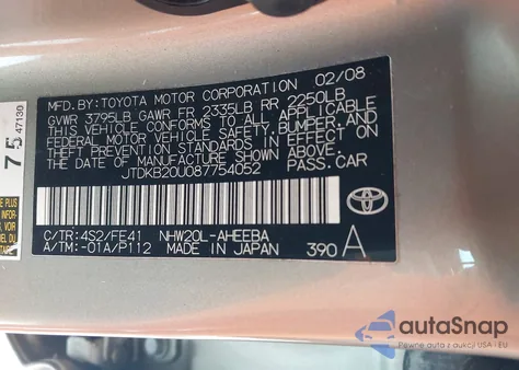 2008 Toyota Prius from USA, damaged, VIN JTDKB20U087754052